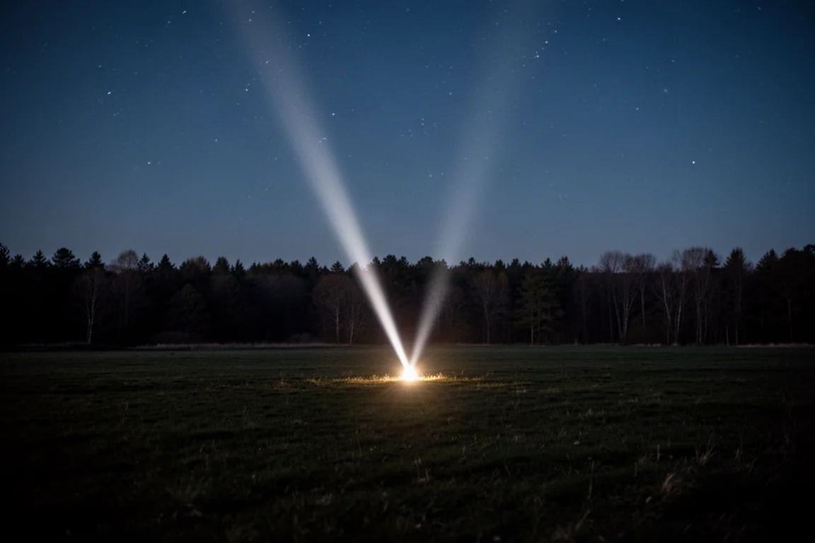 Un faisceau étroit de lampe torche traversant un champ sombre vers des arbres lointains