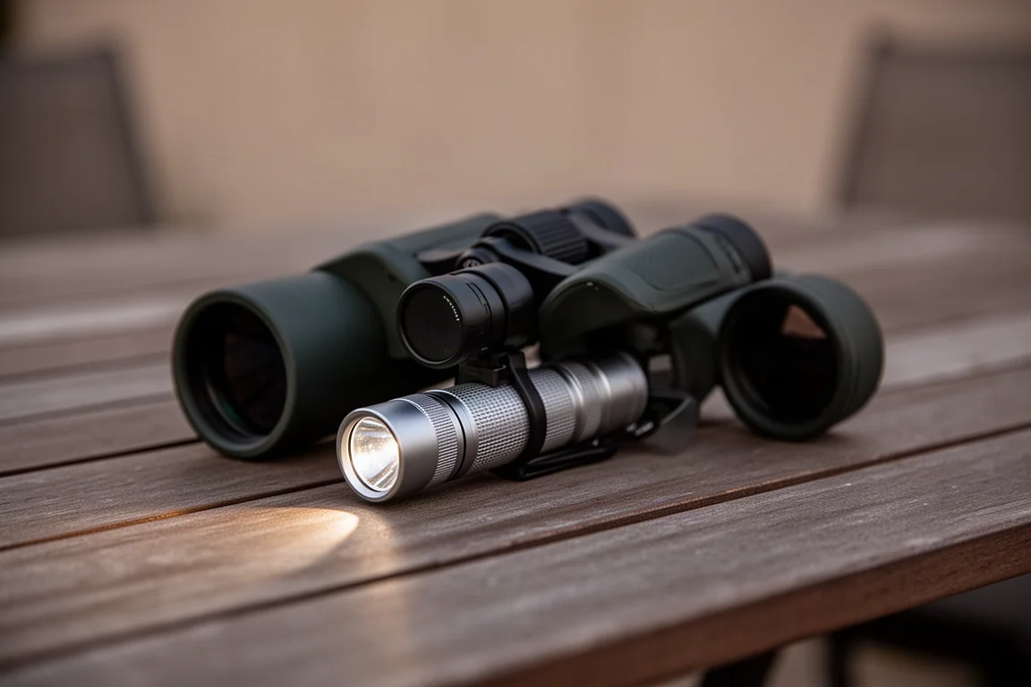 Lampe torche fixée à côté de jumelles pour l'observation longue distance de nuit