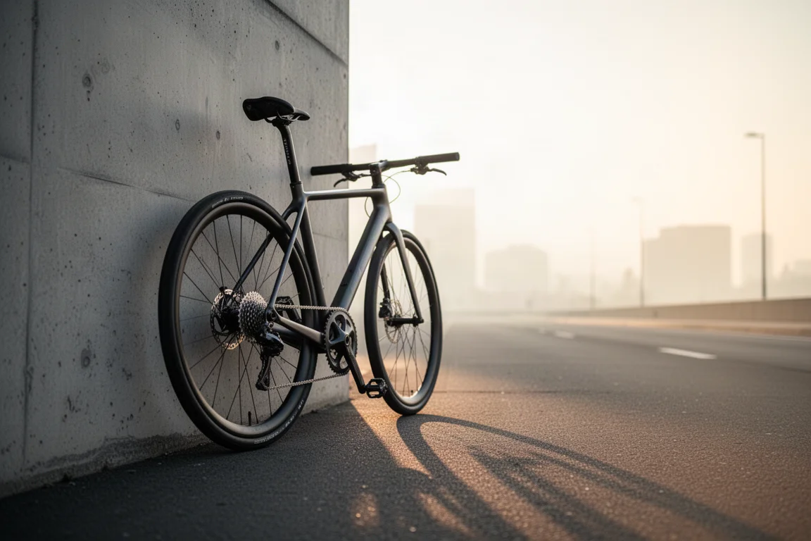 Road bike leaning against a concrete wall in early morning light