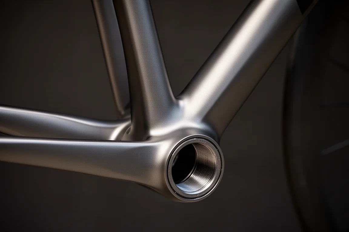 Close-up of oversized metal bicycle frame tubing and junction