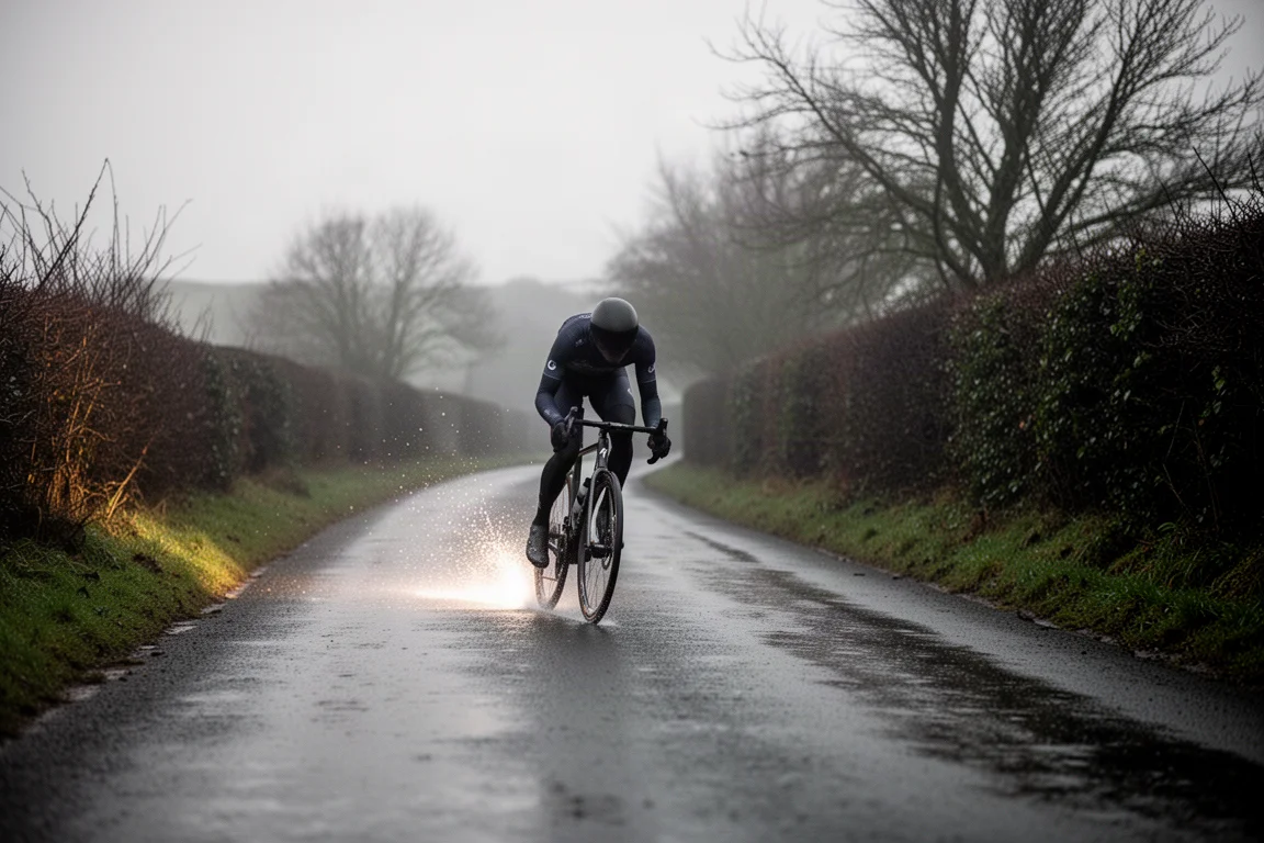Cyclist riding a road bike on a wet country lane in winter