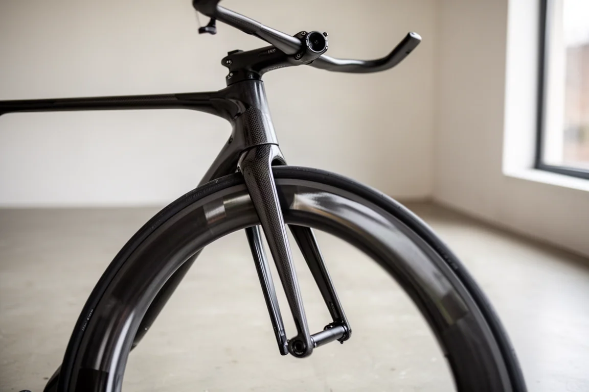 Road bike detail with carbon wheels and deep section rims indoors