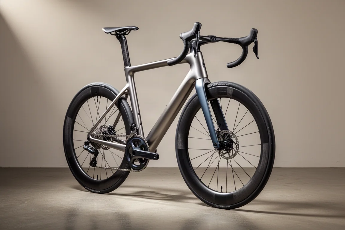 Super magnesium racefiets met carbonwielen op een betonnen studiovloer