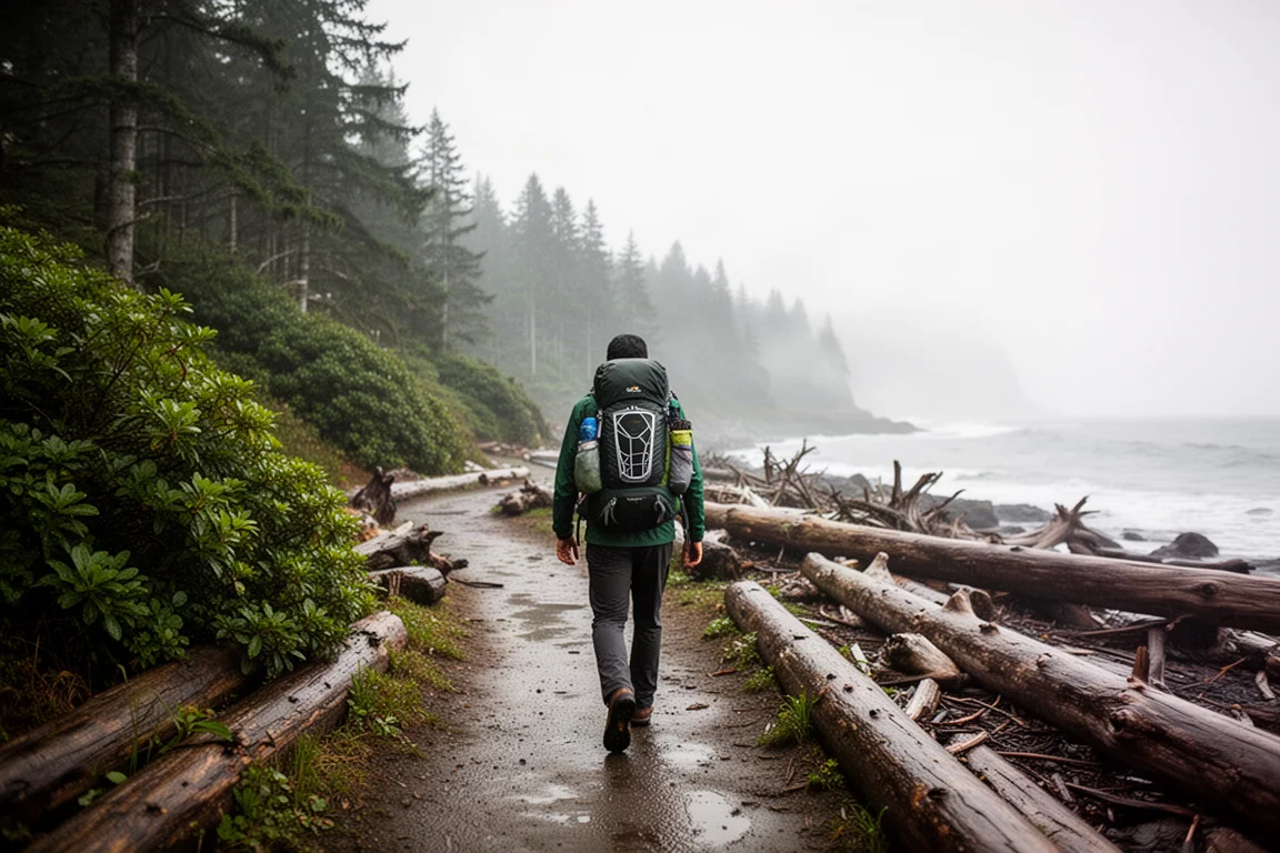 Senderista con una mochila cargada caminando por un sendero boscoso costero entre niebla