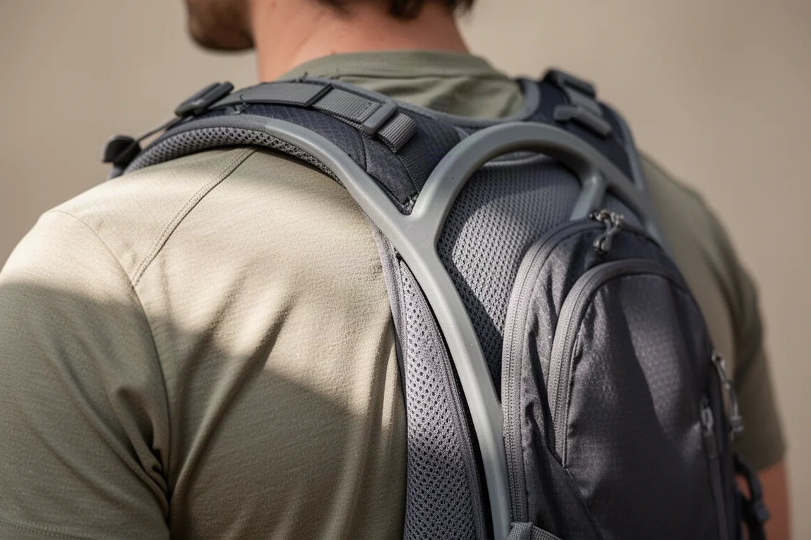 Primer plano del panel trasero de una mochila separado ligeramente de la espalda del senderista por un armazón