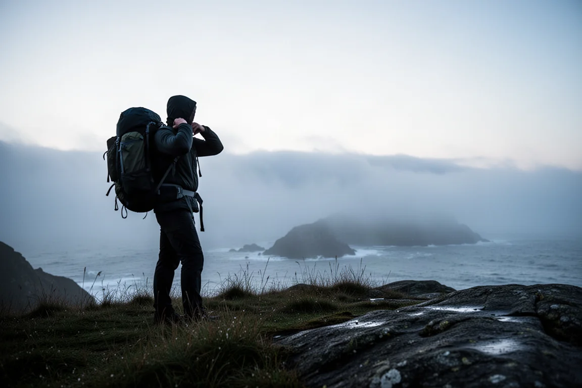 Senderista ajustando las correas de la mochila en un promontorio costero con niebla al atardecer