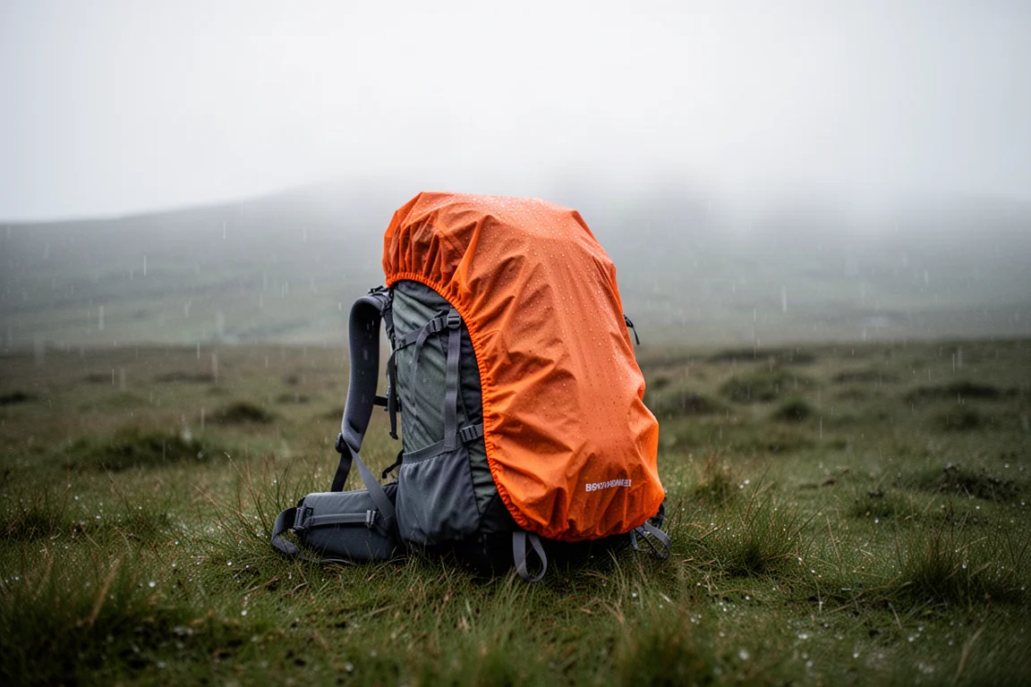 Sac à dos posé sur l'herbe mouillée avec une housse de pluie orange vif installée