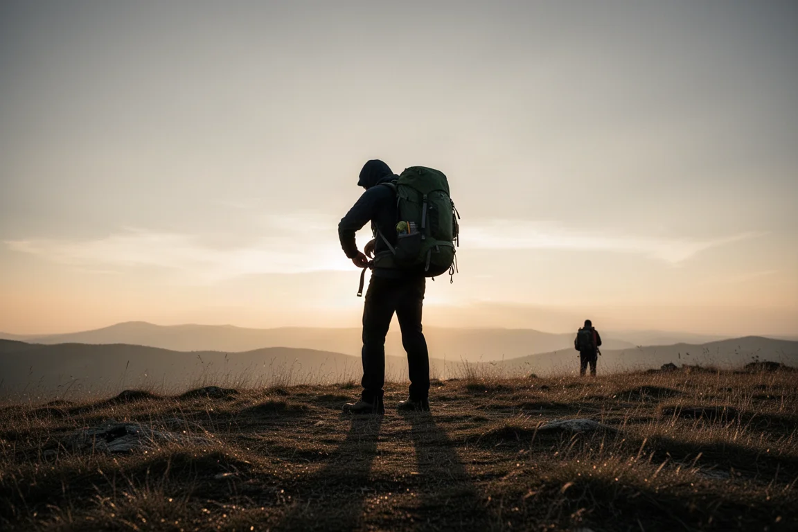 Randonneur en silhouette sur une crête au coucher du soleil ajustant la ceinture ventrale de son sac à dos