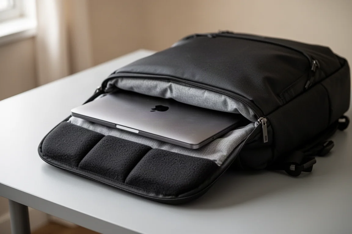 Laptop wsuwany do wyściełanej kieszeni zewnętrznej plecaka