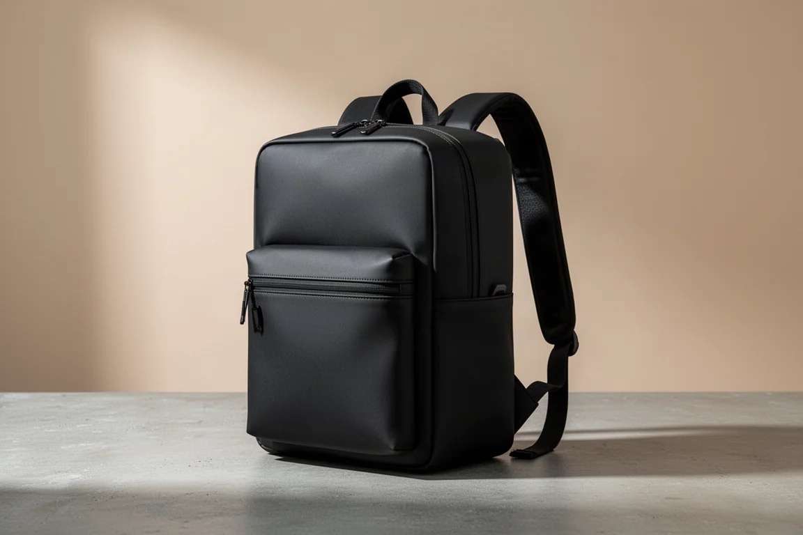 Matte black modular backpack standing upright on a concrete surface