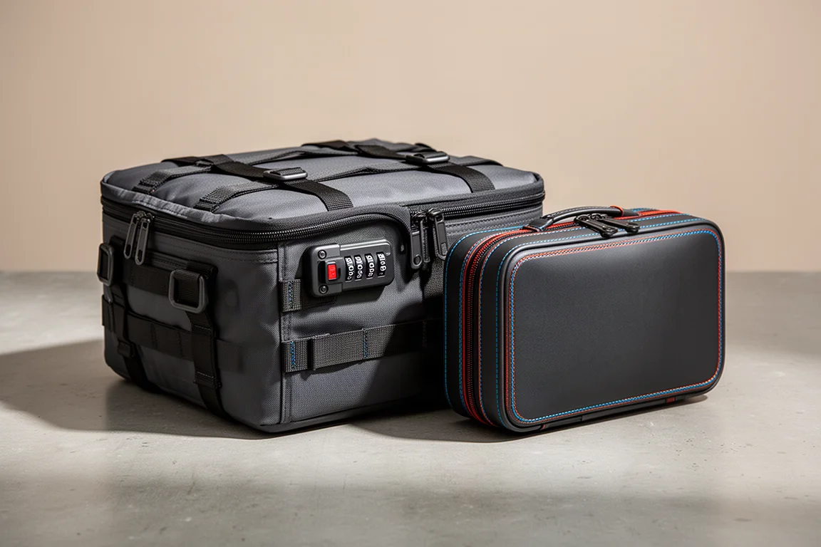 Large lockable storage case and small modular case side by side on concrete