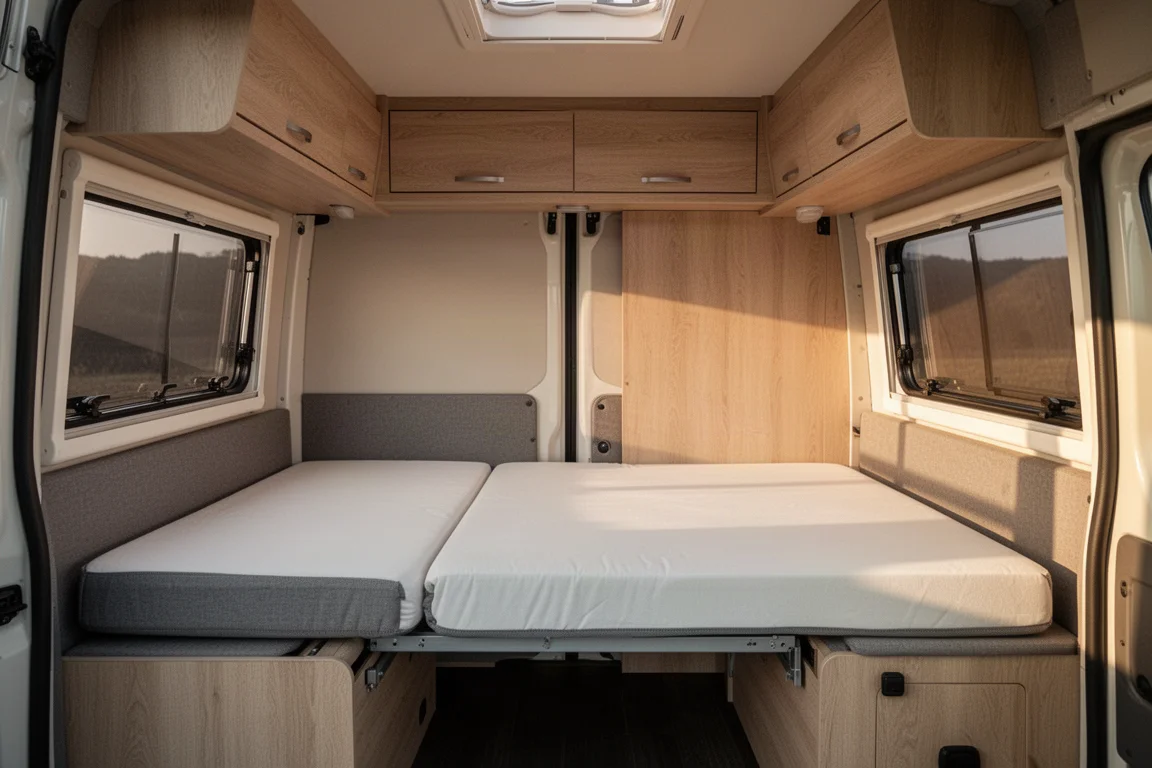 Interieur van camperbus met ingeklapt rock and roll bed en licht houten kastjes