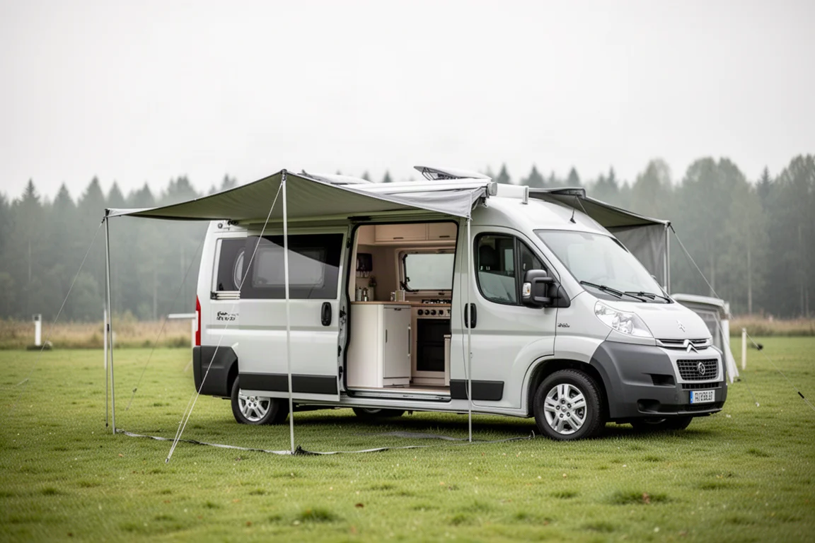 Camperbus met uitgeschoven zijluifel op een grasveld op de camping