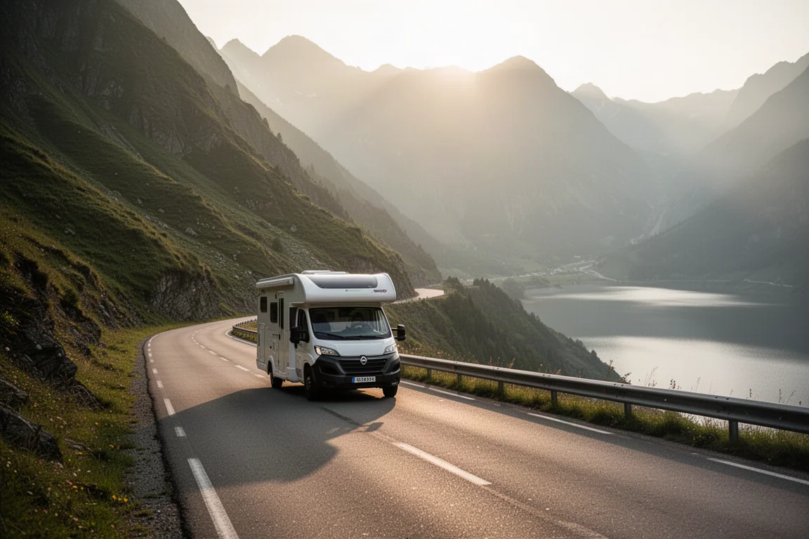 Camperbus op een smalle bergpas naast een meer tijdens het gouden uur