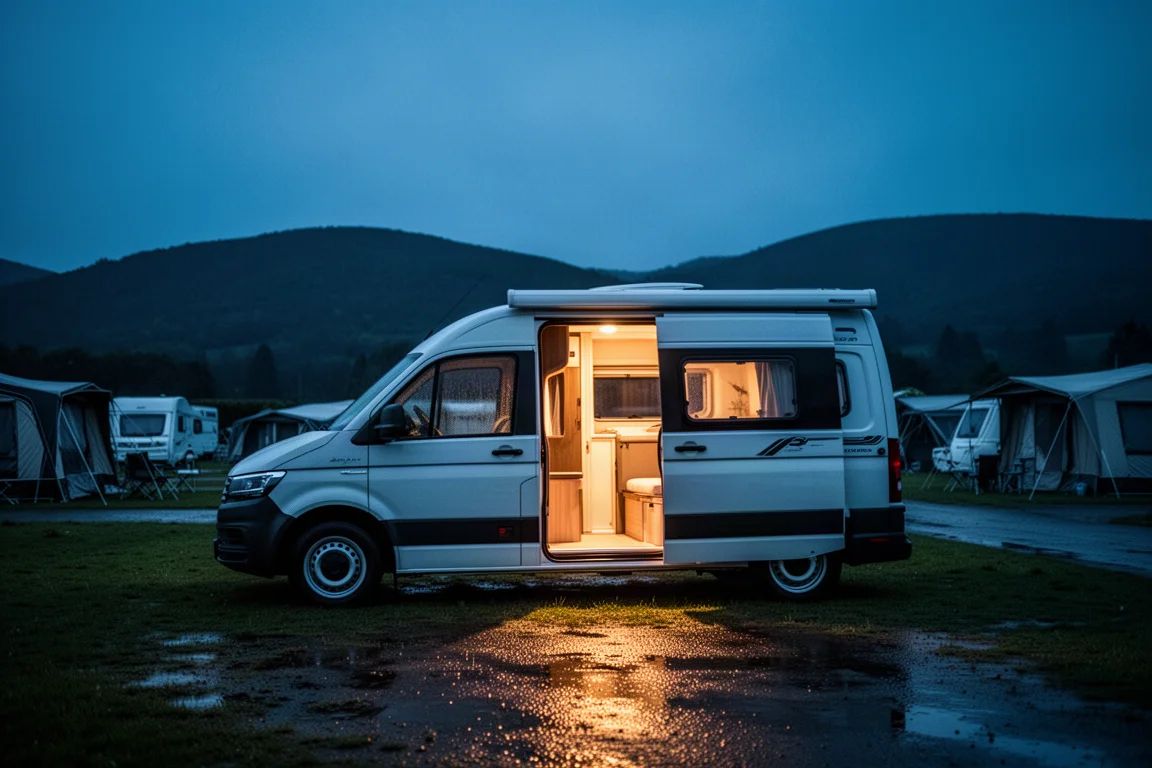 Camperbus op een camping bij schemering met warm licht vanuit de open deur