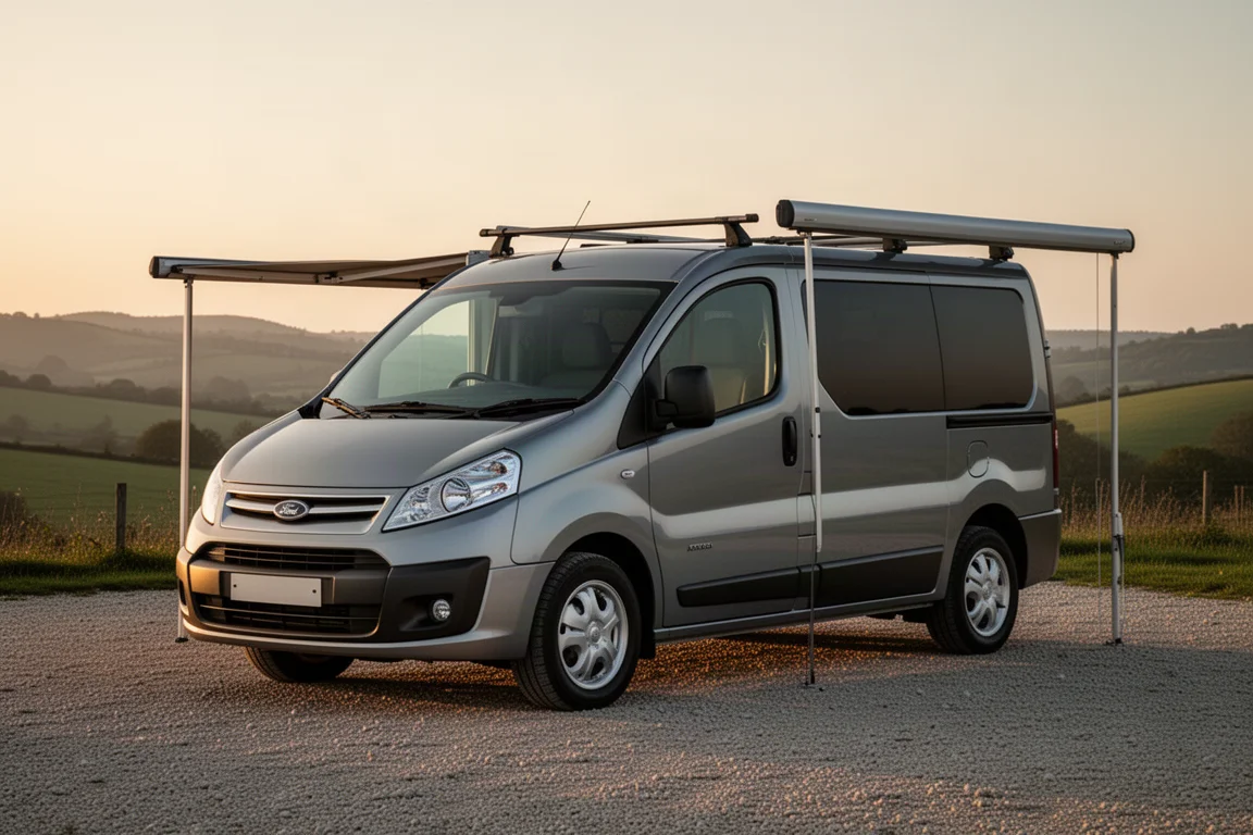 Compact camper van with tinted windows and roof bars parked on gravel at dusk