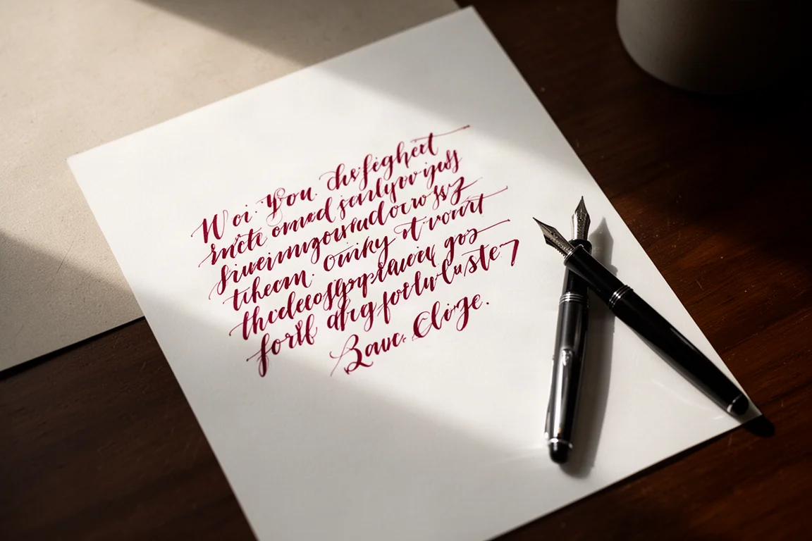Muestra de escritura de estilográfica con tinta roja oscura sobre papel blanco