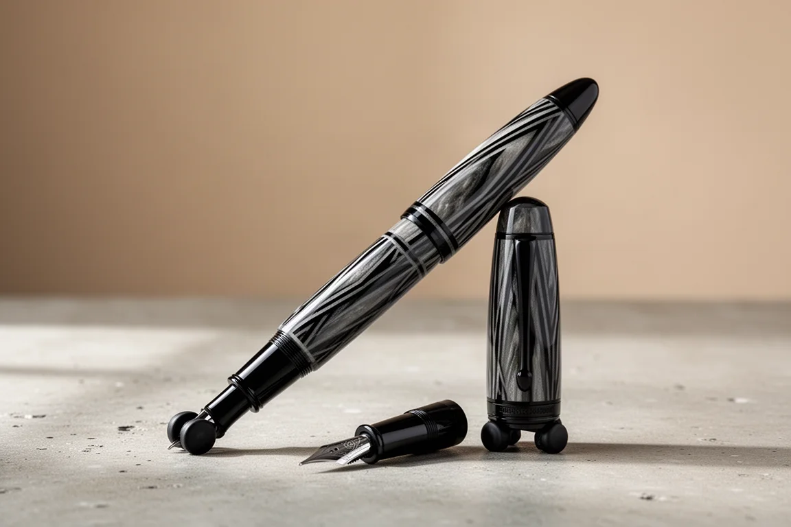 Art deco patterned resin fountain pen with black nib on a concrete surface