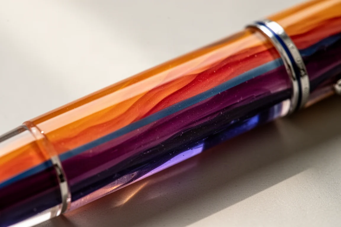 Gros plan des bandes de résine superposées orange, violet, bleu et rouge sur le corps d'un stylo plume