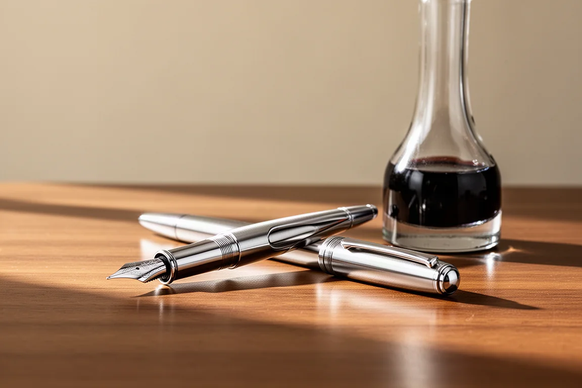 Stylo plume surdimensionné posé sans son capuchon sur un bureau en bois, à côté d'un flacon d'encre