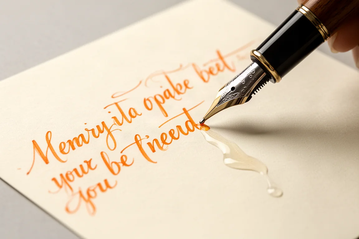 Stylo plume rempli d'une encre orange éclatante écrivant sur du papier crème