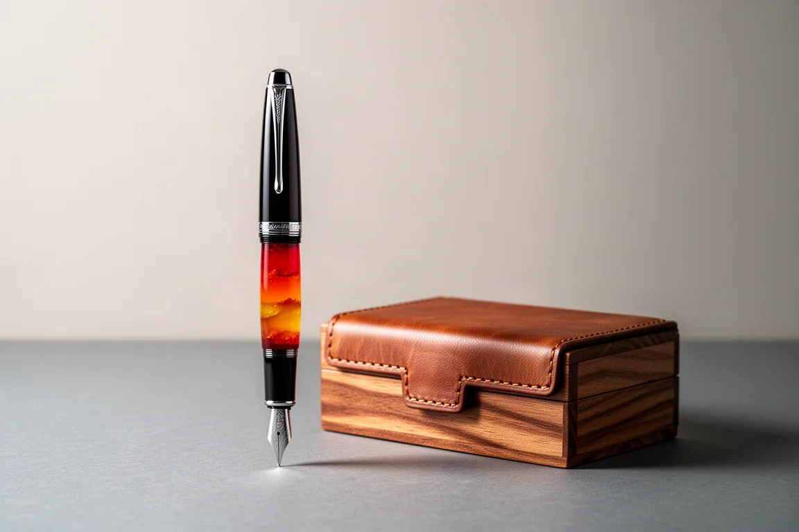 Stylo plume surdimensionné debout à côté de son coffret de présentation en bois sur une surface neutre