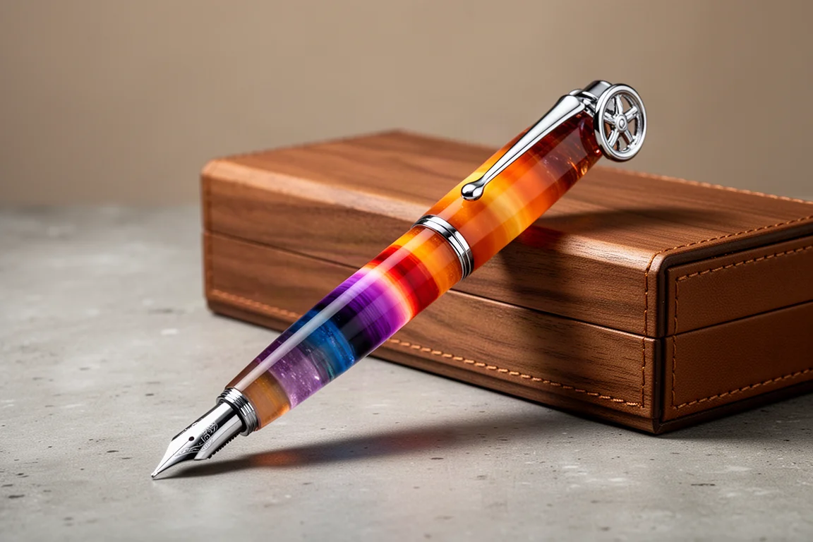 Oversized fountain pen with layered sunset resin body beside a wooden box