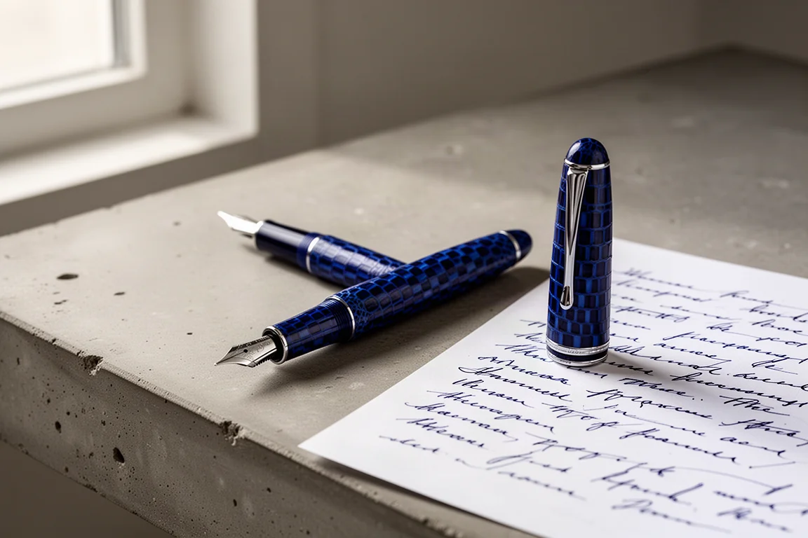Penna stilografica in celluloide texturizzata blu scuro appoggiata su una scrivania accanto a una pagina di prova di scrittura