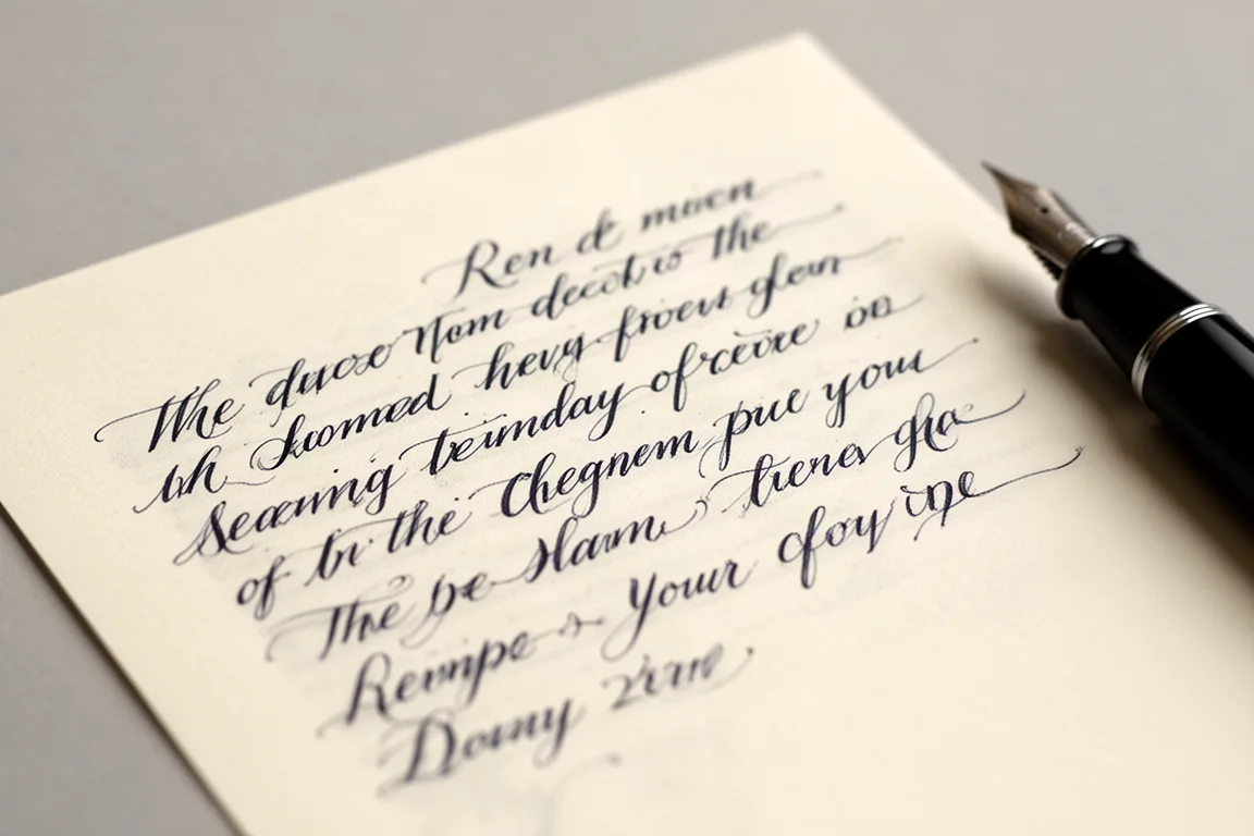 Pagina di prova di scrittura con tratti fluidi di inchiostro blu-nero su carta crema