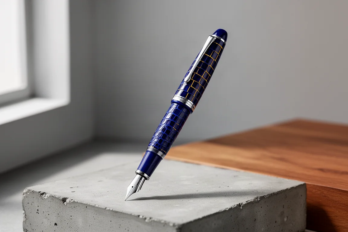Deep blue lizard-skin textured fountain pen standing on a concrete surface