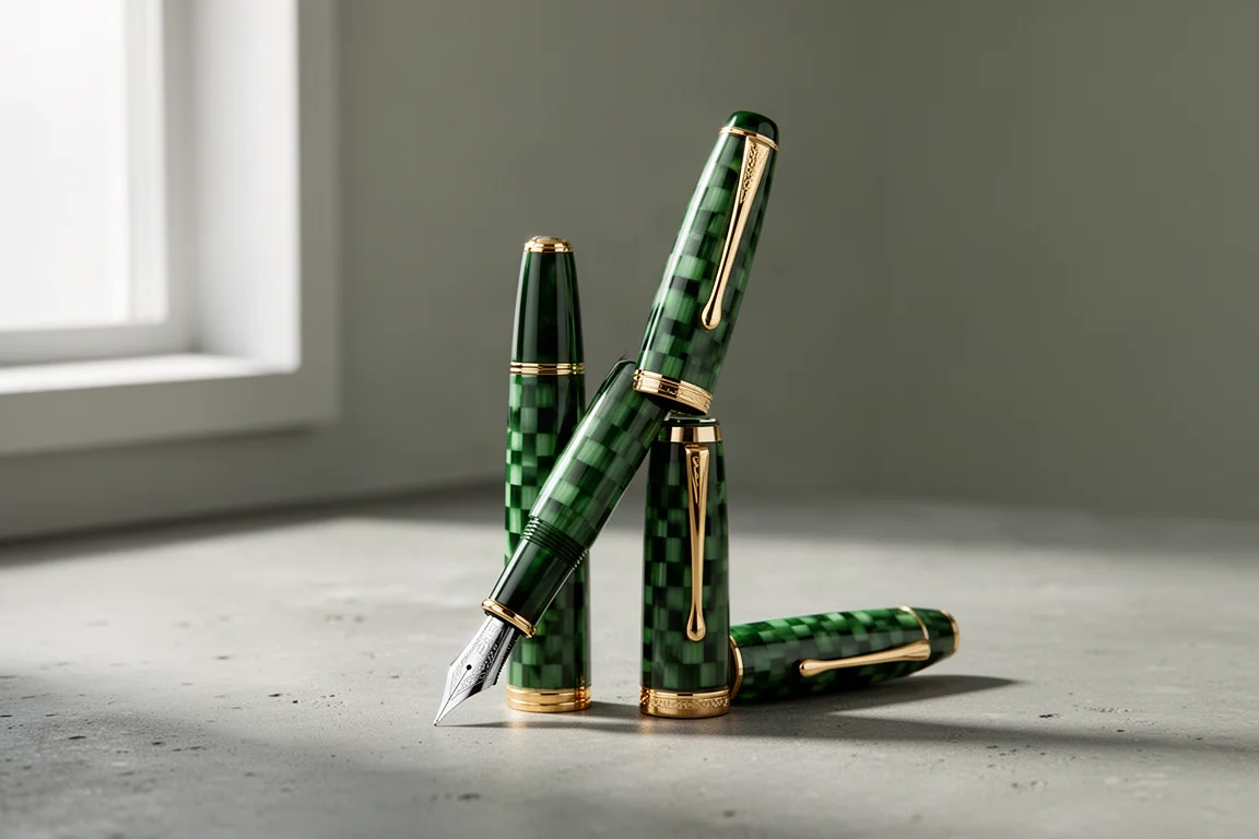Green checkered celluloid fountain pen with gold trim and engraved nib on concrete