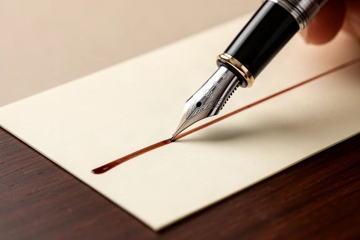 Schriftprobe auf cremefarbenem Papier mit feiner, bräunlich roter Linie