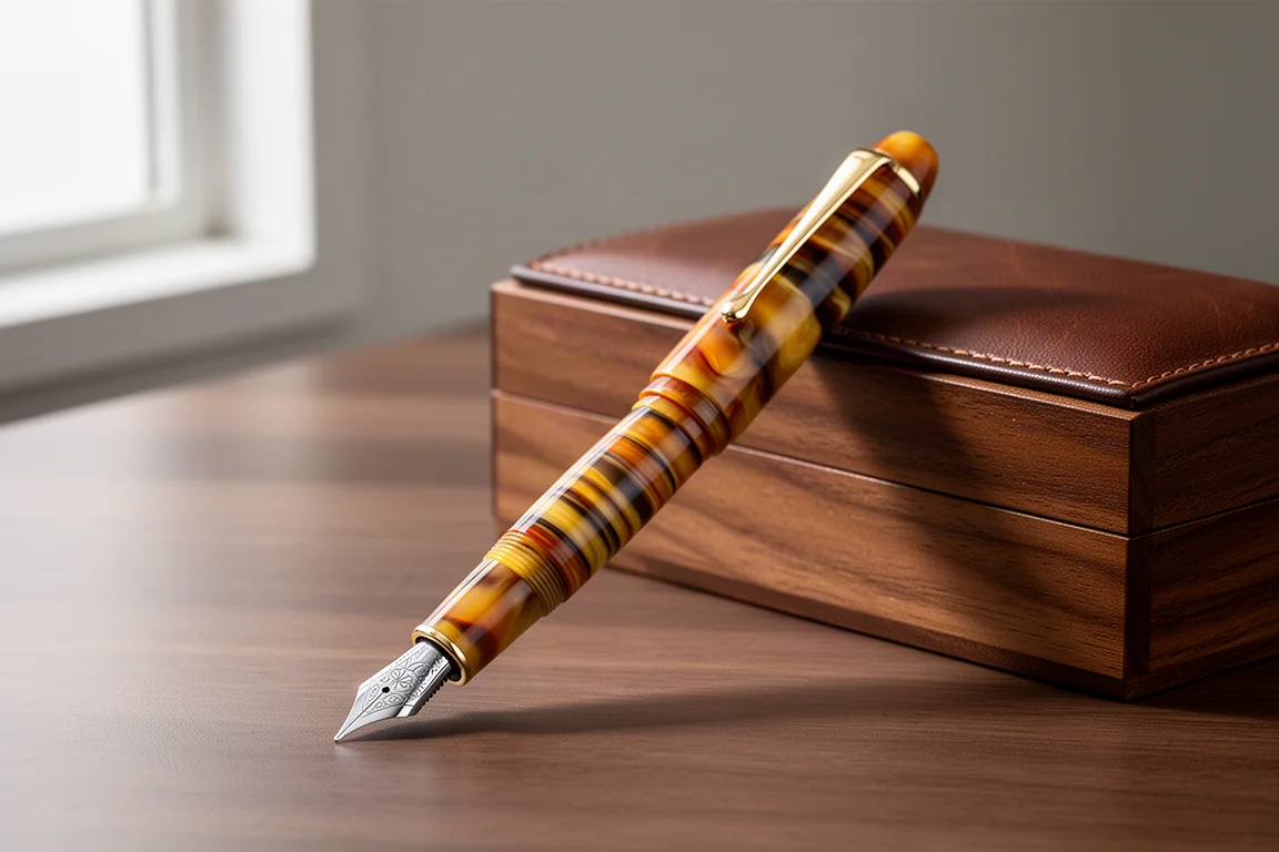 Vazir Meteor Shower celluloid fountain pen with engraved nib on a walnut desk