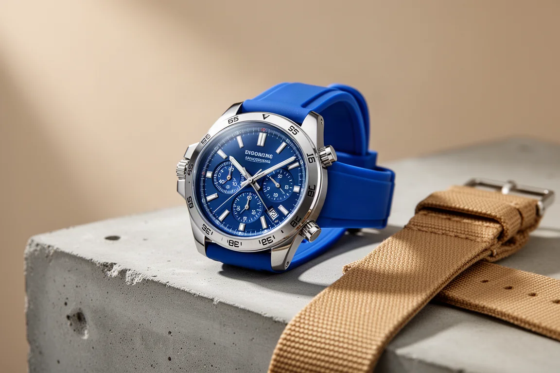 Orologio sportivo in acciaio inossidabile con quadrante blu e cinturino in silicone su cemento