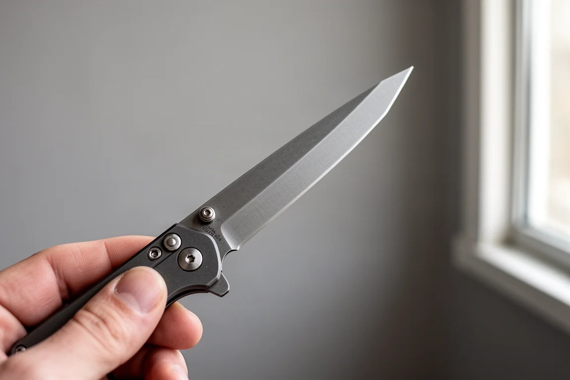 Slim folding knife held open showing its thin blade profile