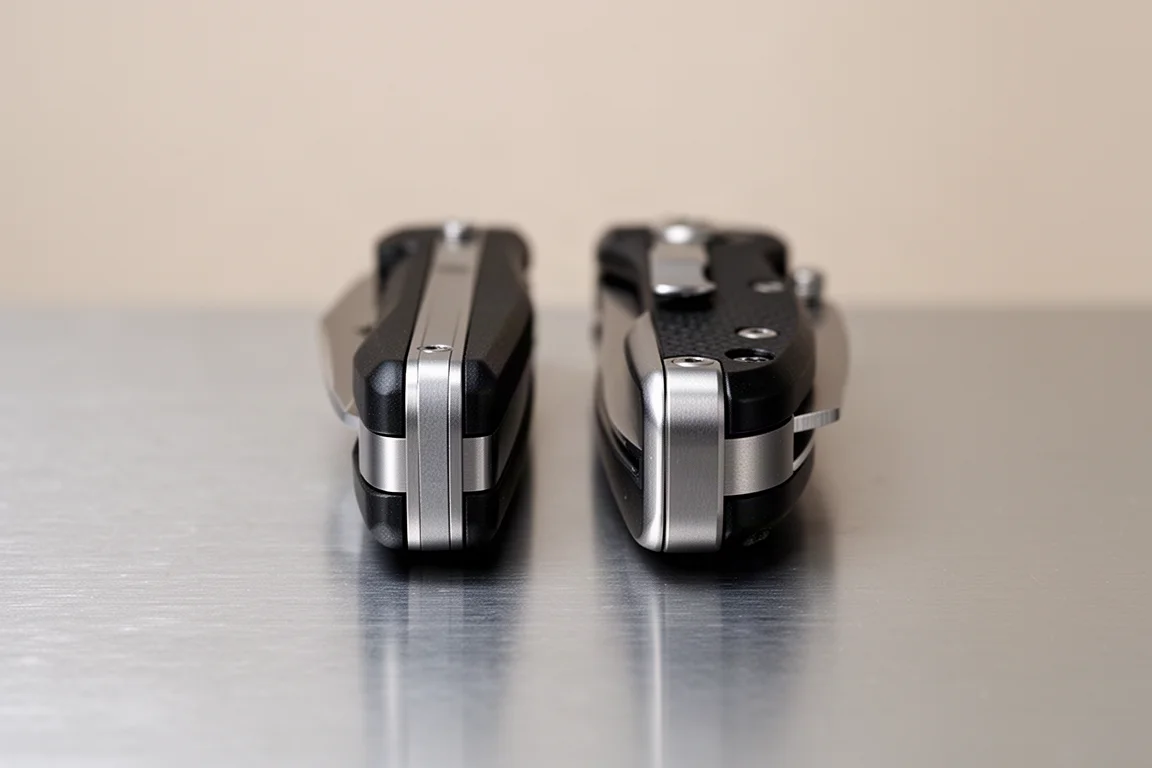 Side-by-side comparison of two folding knives showing different thicknesses