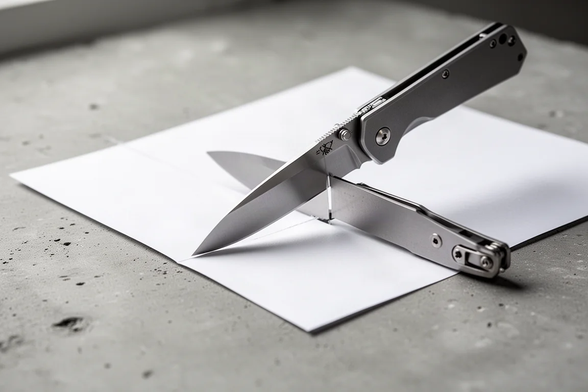 Knife blade slicing cleanly through a sheet of paper