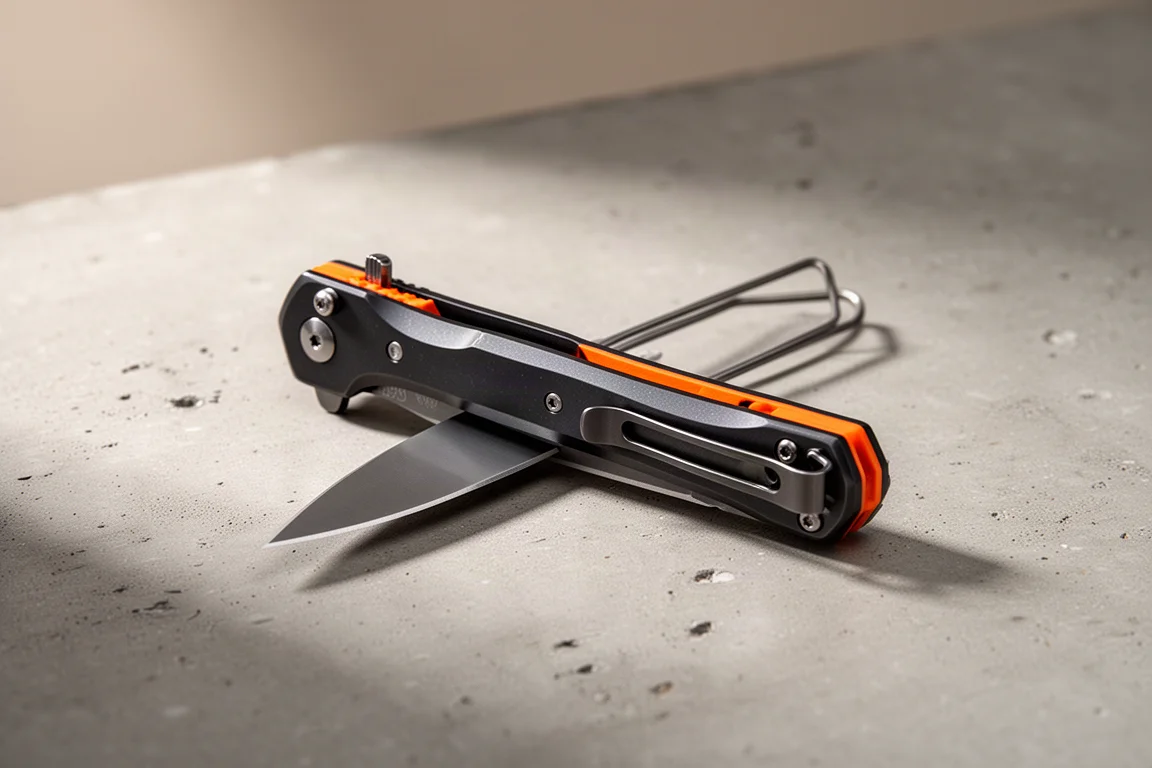 Ved Parallel P352 slim folding knife with black titanium handles on concrete surface