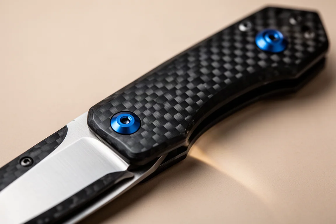 Primer plano de un mango de navaja de fibra de carbono con herrajes azul anodizado