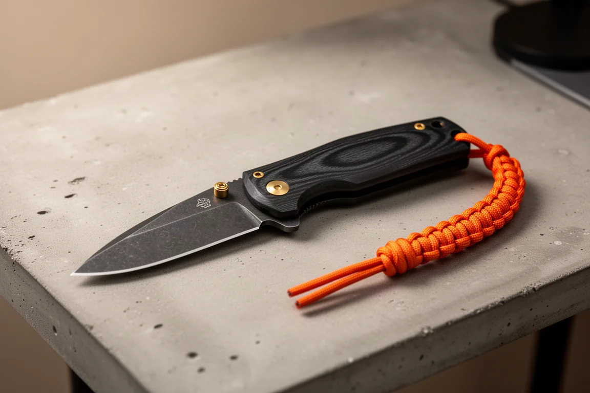 Navaja plegable de Micarta negra con un paracord naranja brillante sobre un escritorio
