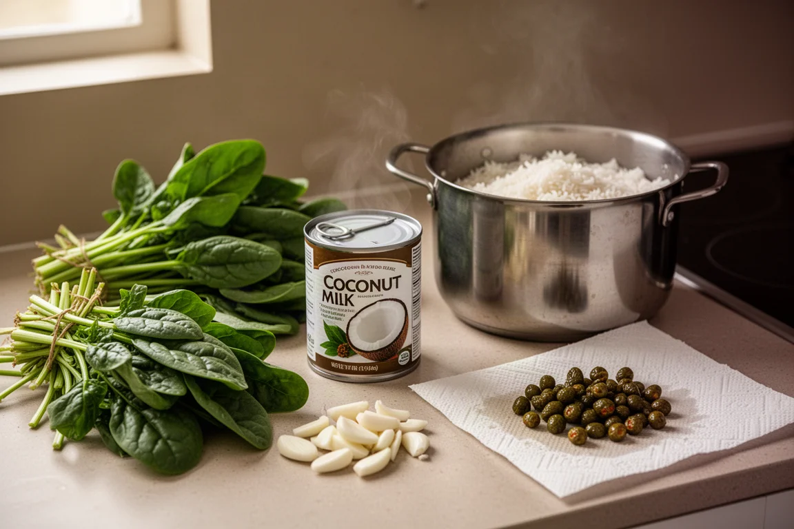 Home kitchen counter with fresh vegetables, spinach, coconut milk and rice being prepped for cooking