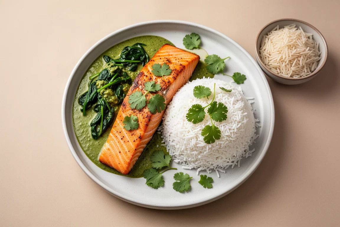 Bowl of crispy salmon with spinach curry and coconut rice on a dining table