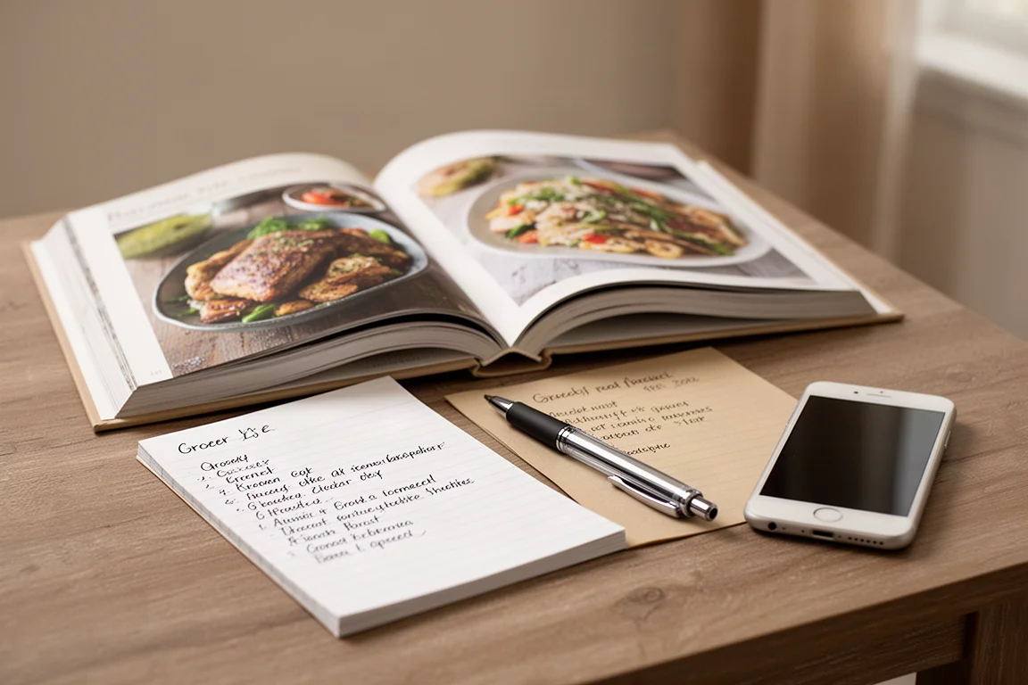 Open cookbook page next to a grocery list being written on a notepad