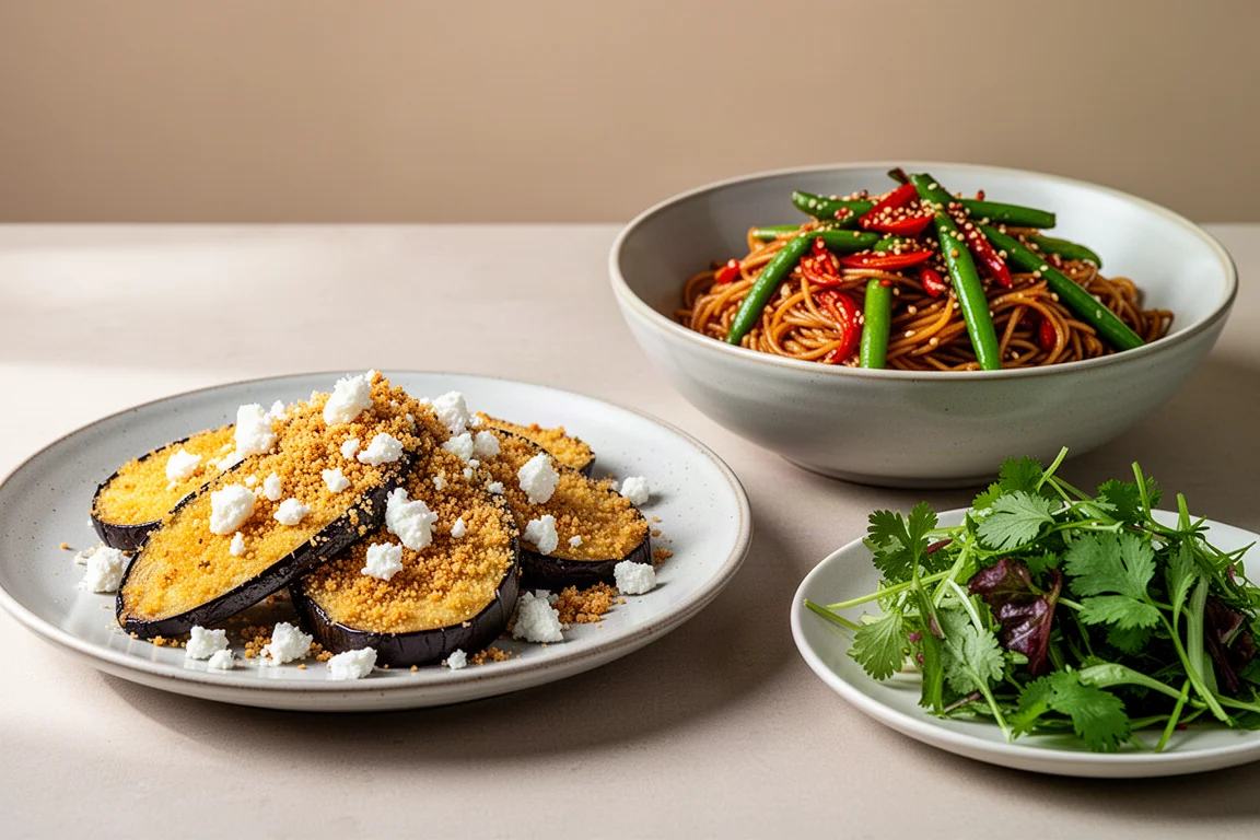 Plate of golden breaded eggplant with herb salad and bowl of chili sesame noodles