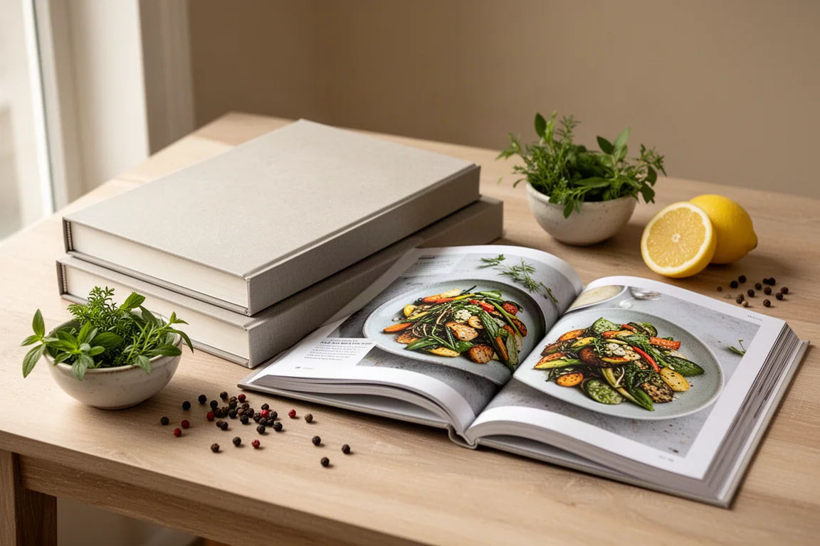 Two hardcover cookbooks on a wooden table beside fresh herbs and a lemon half