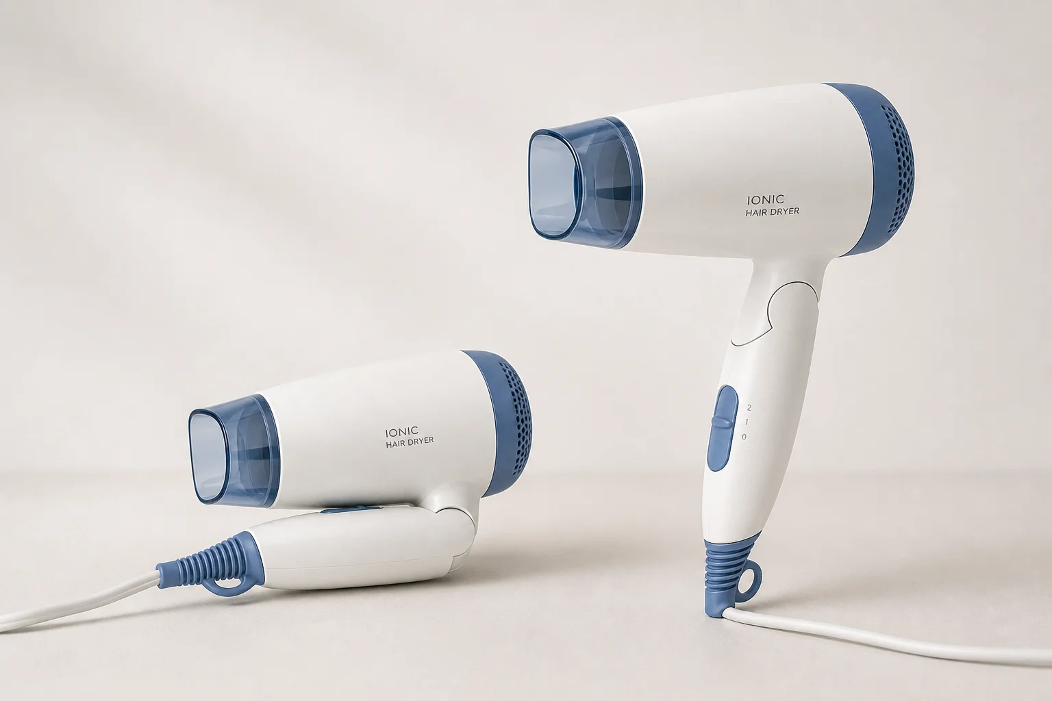 Vega Insta Look 1400 foldable hair dryer in white and blue, shown folded and unfolded