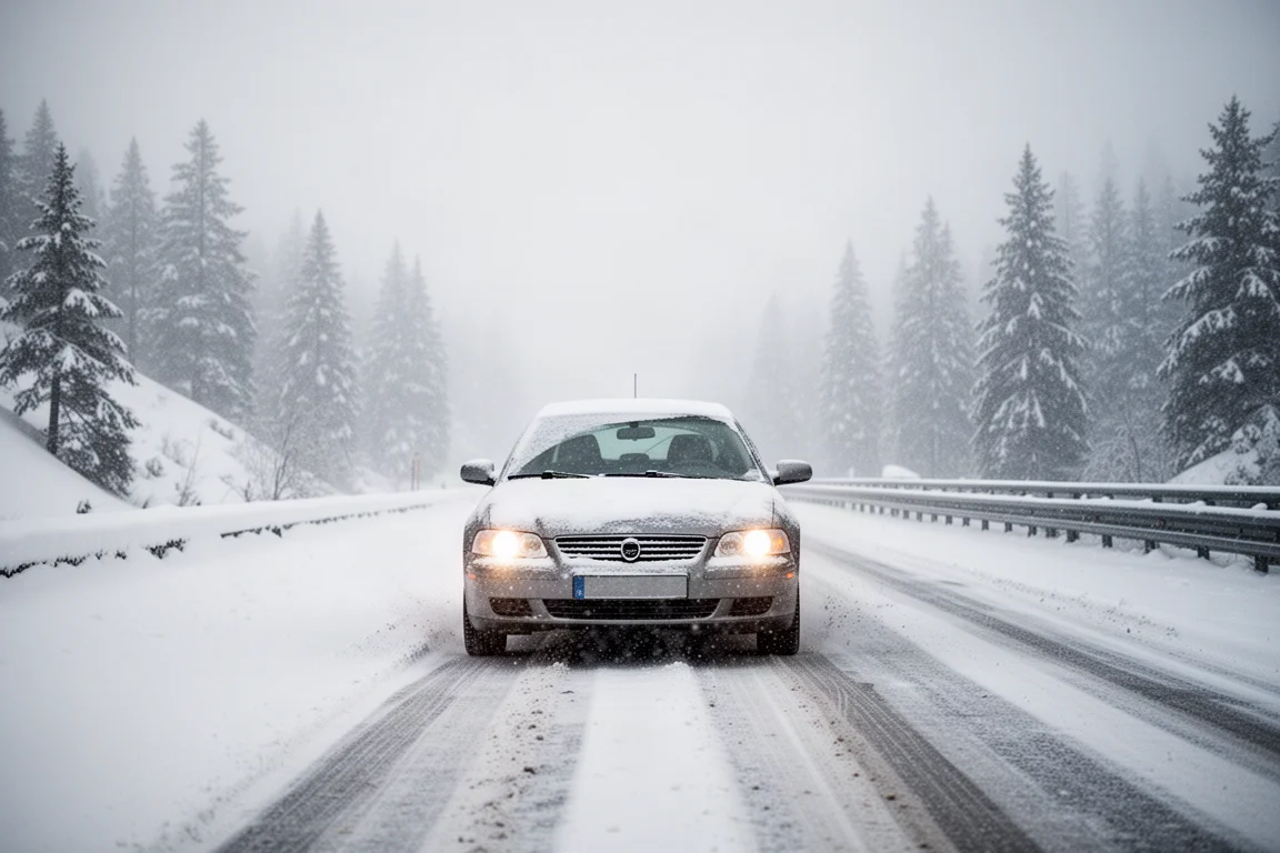 Coche estacionado en una carretera de montaña cubierta de nieve durante una nevada intensa