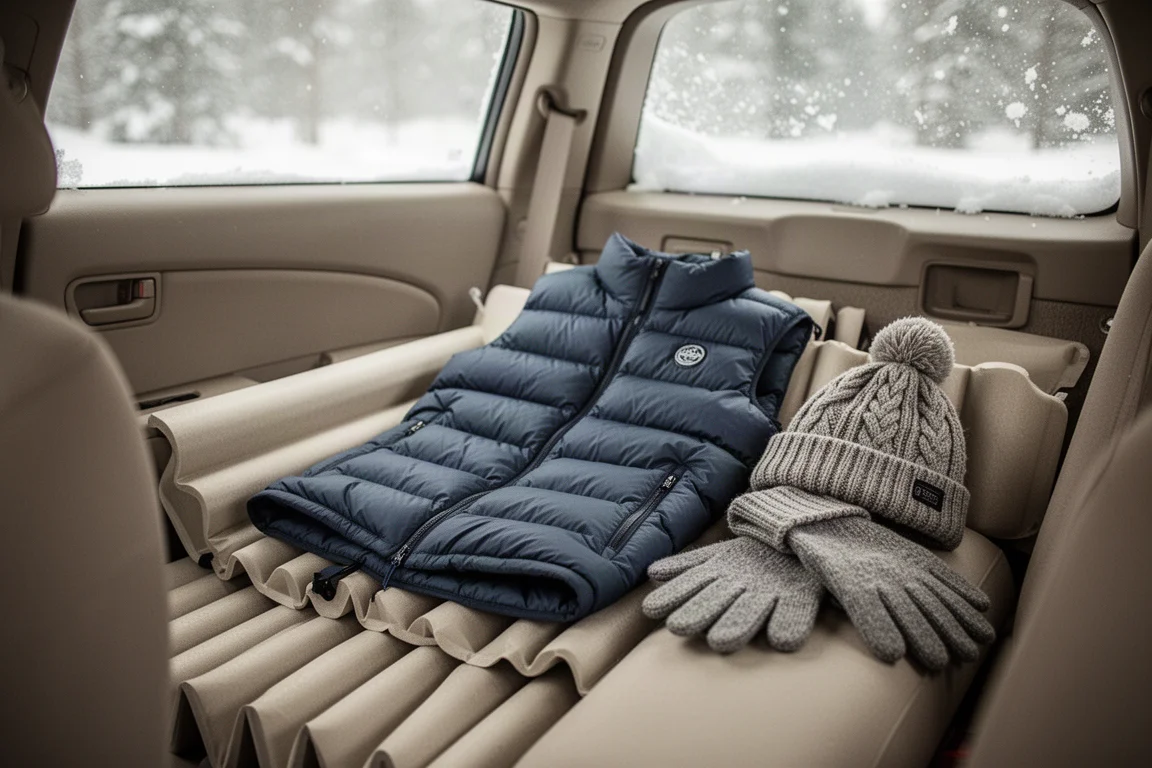 Colchoneta plegable de espuma y chaleco de plumas extendidos sobre un asiento de coche con luz de invierno