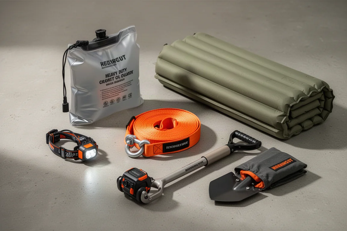 Vehicle emergency kit with water bag, recovery strap, headlamp, shovel, and foam pad on concrete