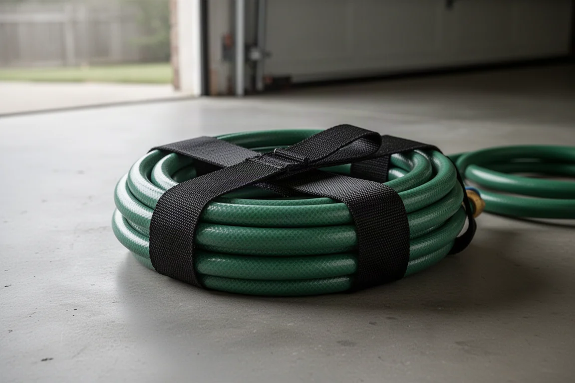 Heavy-duty Velcro strap wrapped around a coiled garden hose on a garage floor